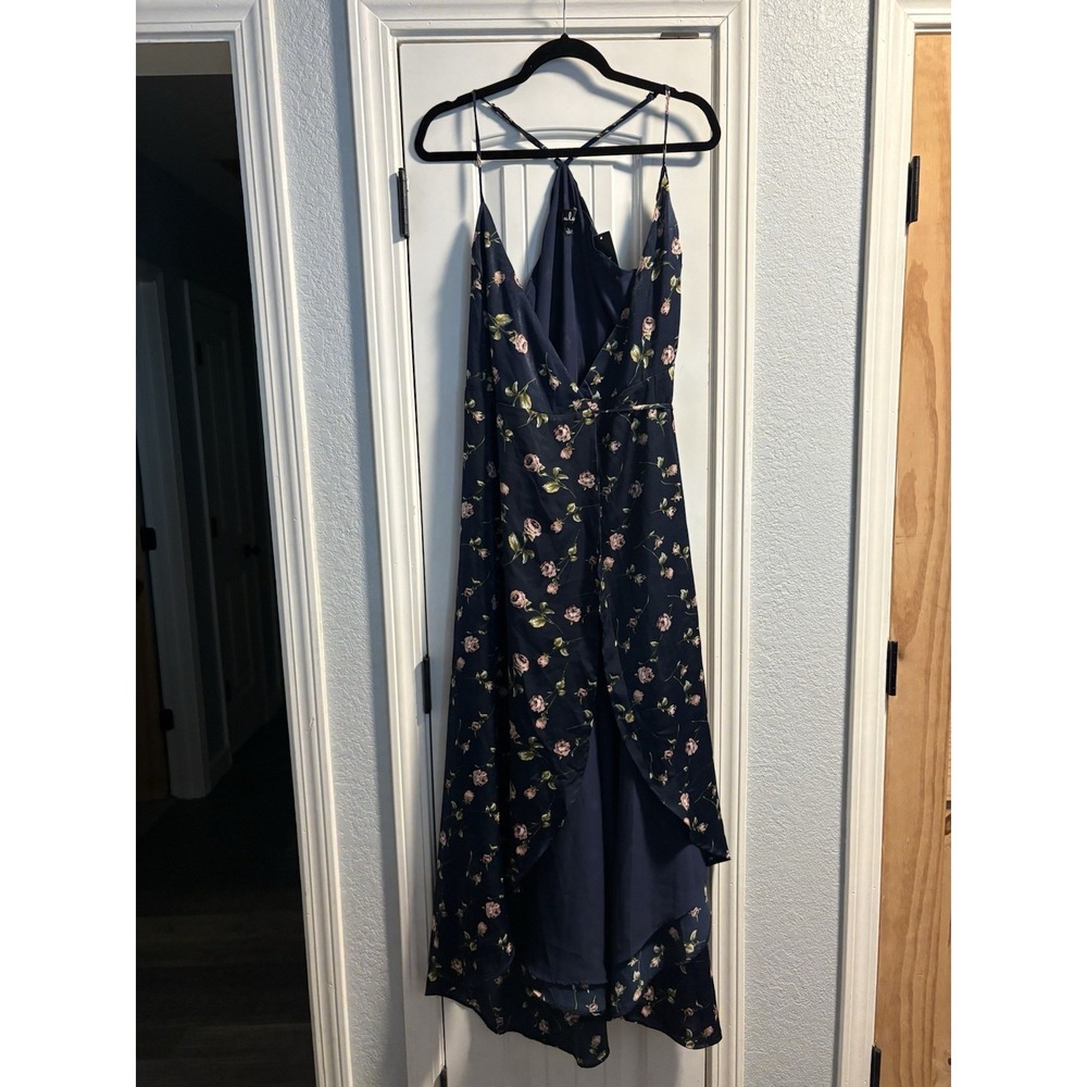 Lulus Floral Maxi Dress Womens Large Navy Blue High Low V-Neck 4D0897